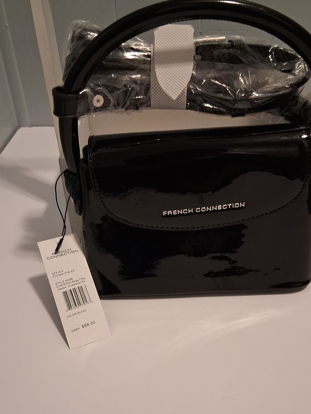 French Connection Christina Patent Top Handle Crossbody Bag Black NWT